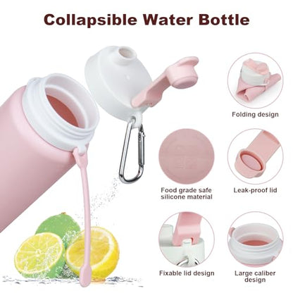 PLTCAT Collapsible Water Bottle, 19oz Foldable Bottle BPA Free Reusable Lightweight Leak-Proof Travel Silicone Water Bottle for Travel, Gym, Hiking, Office, Camping - color: Pink