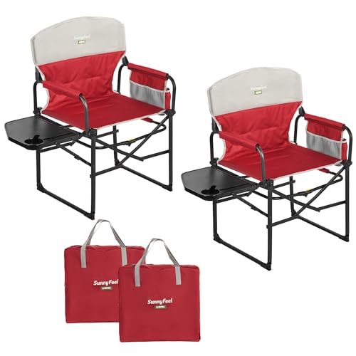 SUNNYFEEL Camping Directors Chair, Heavy Duty,Oversized Portable Folding Chair with Side Table, Pocket for Beach, Fishing,Trip,Picnic,Lawn,Concert Outdoor Foldable Camp Chairs - color: Padded Red-2set