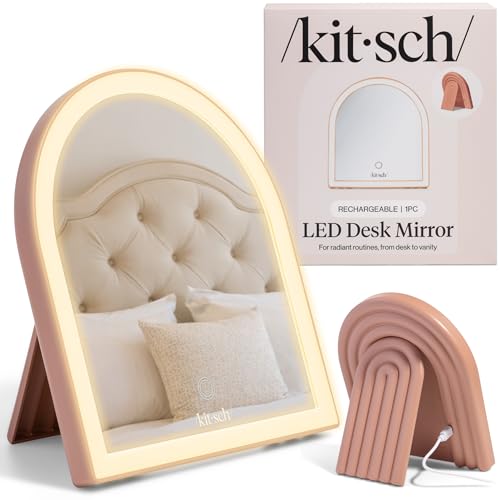 Kitsch Arch Desk Vanity Mirror with Lights, LED Makeup Surface, Touch Sensor Dimmable Warm Neutral Cool Glow, Rechargeable Desk Mirror with Kickstand for Travel - Terracotta