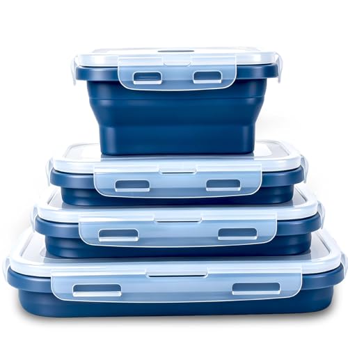 Collapsible Silicone Food Storage Containers 4 Set Airtight Leak Proof Food Containers with Lids Meal Prep for Microwave Freezer Dishwasher for Kitchen Camping Office Navy Blue - color: Navy blue
