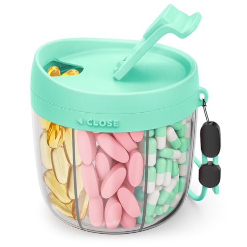 AMOOS Cute Pill Dispenser with 7 Large Compartments, Portable Pill Bottle Organizer with Wide Opening for Easy Use, Anti-Mix Pill Organizer for Travel, BPA-Free Pill Container, Green - color: Green
