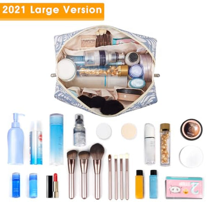 Narwey Cute Makeup Bag Travel Cosmetic Bag Organizer Toiletry Bag Make Up Bags with Compartments for Women Girls (Large, Blue Leaf) - color: Blue Leaf, style: Large