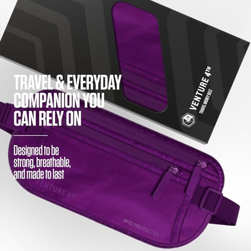 VENTURE 4TH Money Belt for Travel – Slim Hidden Under-Clothes RFID Blocking Anti-Theft Passport Holder & Travel Wallet Pouch for Men & Women to Protect Cash, Cards & Documents (Sleek Purple) - color: Sleek Purple