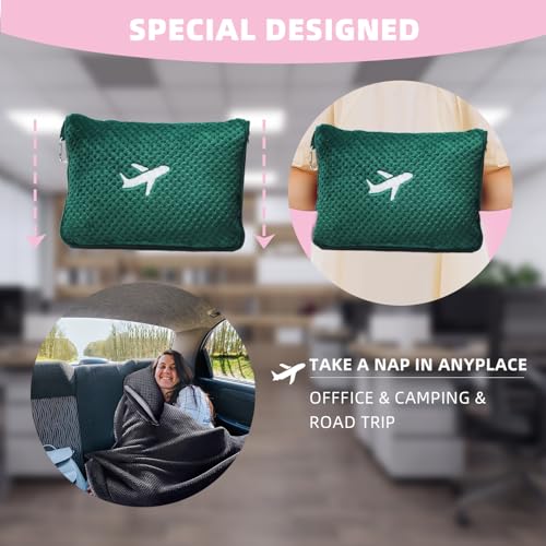 3 in 1 Travel Blanket Pillow Set - 350 GSM Thick Travel Blanket Airplane Compact with Bag, Soft Bag with a Pocket, Inflatable Travel Pillow for Camping & Car Trip (Dark Green) - color: Dark Green