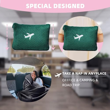 3 in 1 Travel Blanket Pillow Set - 350 GSM Thick Travel Blanket Airplane Compact with Bag, Soft Bag with a Pocket, Inflatable Travel Pillow for Camping & Car Trip (Dark Green) - color: Dark Green