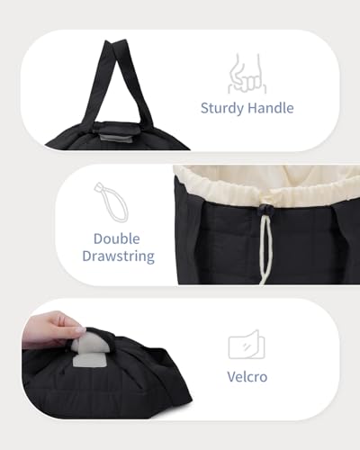 Narwey Lay Flat Open Drawstring Puffer Makeup Bag, Large Quilted Cosmetic Bag for Women Girls, Cute Make up Bags with Handle, Travel Toiletry Bag for Skincare, Brushes & Travel Essentials (Black) - color: B-Quilted Black