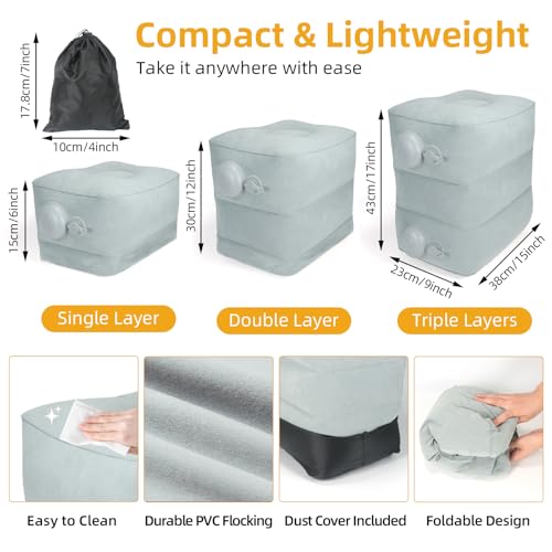 Inflatable Foot Rest Pillow for Travel, Adjustable 3-Layer Height, Fast Inflation Leg Rest Cushion for Airplanes, Cars, Trains, Office & Home