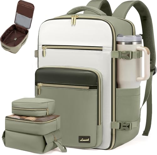 LOVEVOOK Travel Backpack For Women,40L Carry On Backpack Flight Approved,TSA Personal Item Travel Bag Fits 17 Inch Laptop,Business Weekender Overnight Daypack with Back Pad and Chest Buckle,Cubes - color: Green and White, size: 17.3 Inch-40L-4Pcs