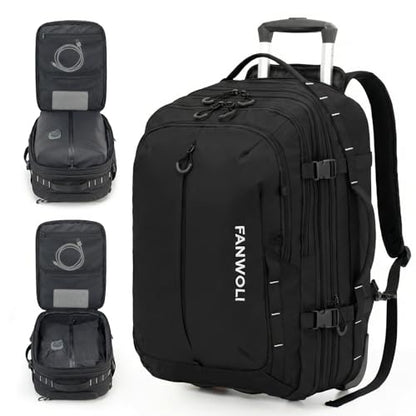 Fanwoli Rolling Vacuum Backpack Travel with One-Button Compression, 55L Expandable, Water Resistant Carry-On Suitcase Luggage, Ideal for Outdoor/Family/Trips - color: Black