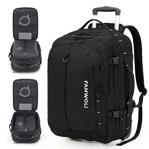 Fanwoli Rolling Vacuum Backpack Travel with One-Button Compression, 55L Expandable, Water Resistant Carry-On Suitcase Luggage, Ideal for Outdoor/Family/Trips - color: Black