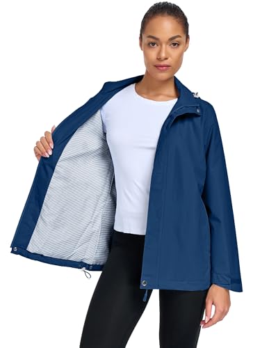 Hount Womens Waterproof Raincoat Lightweight Packable Striped Lined Rain Jacket Casual Travel Outdoor Hooded Jakctes - color: Dark Blue, size: Large