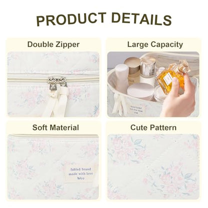 GISMTR 3Pcs Cotton Quilted Makeup Bag Large Travel Cosmetic Bag Coquette Makeup Pouch Cute Aesthetic Floral Toiletry Bag for Women Girls (flower-S) - color: flower-S