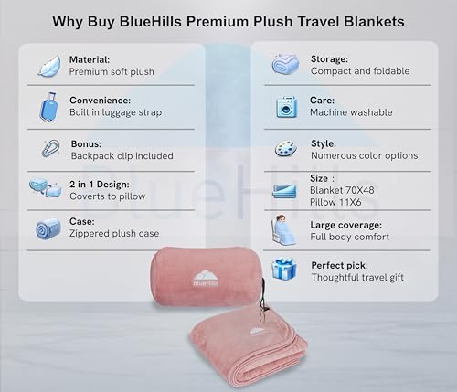 BlueHills Travel Blanket Pillow Rolled Premium Soft Plush Airplane Throw Traveling Gifts Compact in a Bag 70 X 48 inches Long Plane Flight Portable Lightweight Pink R02 - color: R02-pink