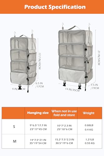 TABITORA Travel Luggage Organizer insert Hanging Packing Cubes for Suitcase Carry on Closet Hanging Shelves Folding(Grey,M) - color: Grey, size: Medium