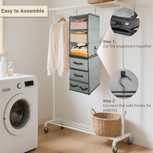 2-in-1 Durable 6-Tier Hanging Closet Organizer with 4 Removable Drawers,2 Separable 3-Tier Thickened Fabric Hanging Shelf Clothes Storage Organization Space-saving for Bedroom,Dorm,Guestroom,RV,Travel - style: Separable - 6 Tier by 2in1