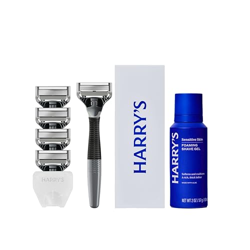 Harry's Original Shaving Kit for Men - Razor Handle, 5 Razor Blade Refills, Foaming Shave Gel, and Travel Blade Cover - TSA Approved Travel Essentials - German Engineered - Charcoal - style: Charcoal
