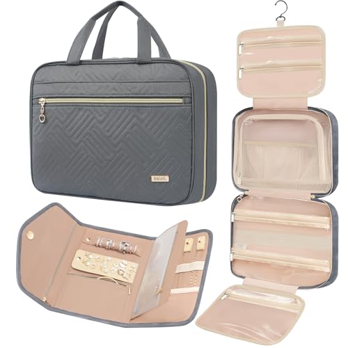 BAGAIL Hanging Toiletry Bag for Women Water-resistant Cosmetic Bag Large Capacity Travel Makeup Organizer for Full-Sized Travel Essentials(Classic+Jewelry Bag, Grey) - color: 1-Grey, style: Classic+jewelry Bag