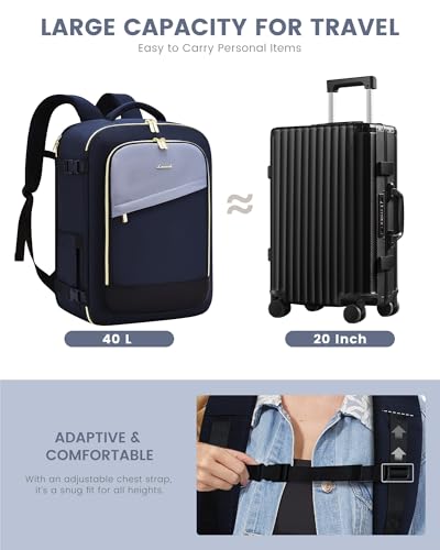 LOVEVOOK Travel Backpack for Women, 40L Carry On Backpack Flight Approved, Large Personal Item Bag Fits 17 inch Laptop, TSA Approved Luggage with 3 Packing Cubes,Waterproof Weekender Gym Essentials - color: Dark Blue-beige-black, size: 40L
