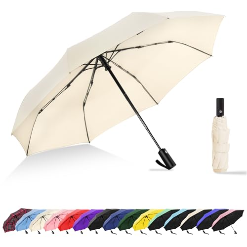 Travel Umbrella UV Sun Protection - Compact Mini Travel Size Automatic Windproof for Backpack or Purse, Lightweight Outdoor Parasol - color: Cream