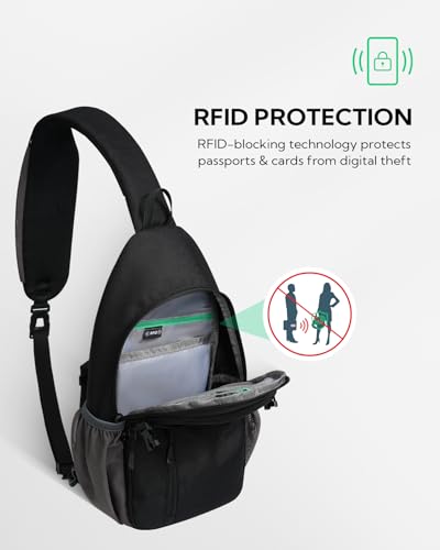 WATERFLY Small Crossbody Sling Bag: RFID Sling Backpack Chest Bag Travel Shoulder Multiple Pockets Hiking Daypack for Man Woman - color: Black