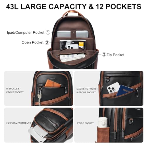LATMAP Backpack for Women Men - Vegan Leather Backpack Purse Travel Carry-on Bag College Bookbag Work fits 16.5" Laptop,Black&Brown - color: Black&brown