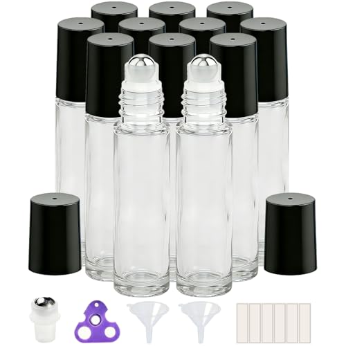 PrettyCare 12 Pack, 10 ml Essential Oil Roller Bottles with Stainless Steel Roller Ball - Refillable Leak-proof Empty Thick Clear Glass Roll on Bottles with Black Caps for Travel, Perfume - color: Clear with Black Cap, size: 12 Pack