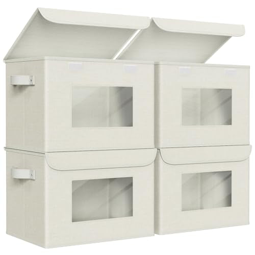Univivi Fabric Foldable Storage Boxes with Lids [4-Pack] Collapsible Storage Bins for Clothes Closet Organizers with Handles Storage Cube Basket for Home, Office, Bedroom (Beige, 17"" x 12"" x 12"") - color: Beige Linen Pattern, size: 17''-4 Pack