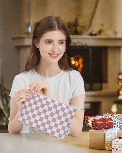 Narwey Small Checkered Makeup Bag for Purse Small Cosmetic Bag Women Travel Makeup Pouch Zipper Pouch (Dusty Rose Checkerboard) - color: AB-Dusty Rose Checkerboard