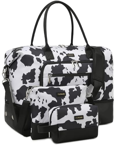 Weekender Bags for Women, Travel Duffle Bag Carry On Overnight Bag with Cosmetics Bag and Crossbody Purse for Gym Hospital, Gifts for Women, Cow Print Black - color: Cow Print Black-2, size: Medium