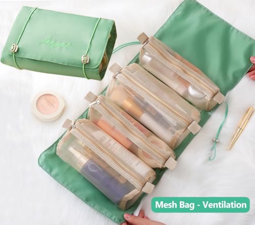 Roll Up Makeup Bag, Hanging Toiletry Bag, 4 in 1 Detachable Cosmetic Bag, 4 Removable Storage Bags, Travel Makeup Organizer Bags for Women Men(Green) - color: Green