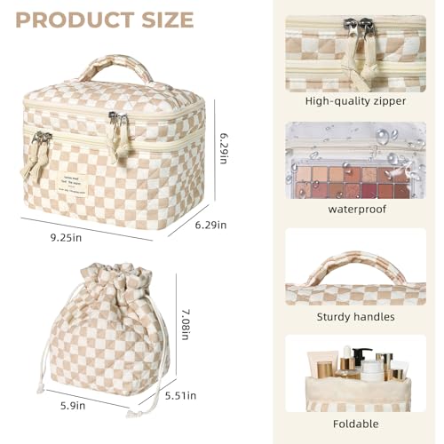 Gosect Makeup Bag, Quilted Cosmetic Bag Set, Drawstring Makeup Bag with Canvas Lining, Large Floral Toiletry Bag for Women Girls, Cute Cotton Flower Travel Organizer Bag (Brown Flower - color: Brown Flower