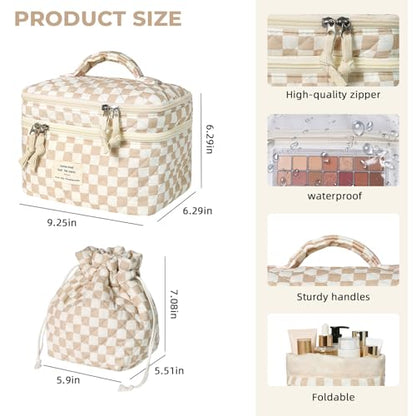 Gosect Makeup Bag, Quilted Cosmetic Bag Set, Drawstring Makeup Bag with Canvas Lining, Large Floral Toiletry Bag for Women Girls, Cute Cotton Flower Travel Organizer Bag (Brown Flower - color: Brown Flower