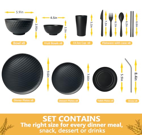 Teivio 88-Piece With Flatware Kitchen Plastic Wheat Straw Dinnerware Set for 8, Dinner/Dessert/Appetizer Plates, Cereal Fruit Bowls, Pasta Bowls, Cups, Unbreakable Dishwasher Safe Outdoor Dish, Black - color: Black