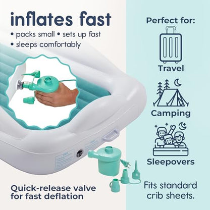 Hiccapop Inflatable Toddler Travel Bed with Safety Bumpers [4-Sided] | Portable Toddler Bed for Kids | Toddler Air Mattress | Kids Air Mattress - Teal Blue - color: Teal