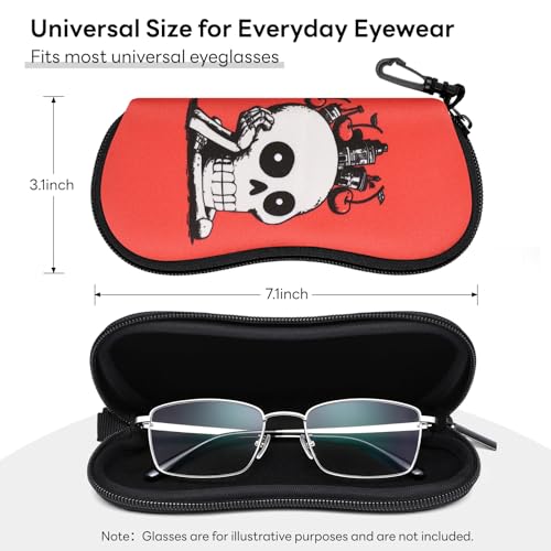 Sunglasses Case with Belt Clip, Ultra Light Neoprene Zipper Soft Padded Glasses Case for Women Men - color: Fun Skull