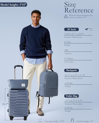 Coolife Luggage Sets 3 Piece, 20In Carry On Luggage with Spinner Wheels PC Hardside Suitcase Set with Travel Backpack (Blue, Backpack/TB/20) - color: blue, size: 3 Piece Set (Backpack/TB/20in)