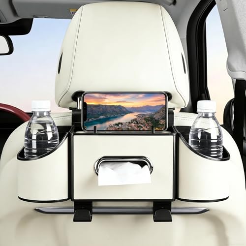 Back Seat Car Organizer, Nappa Leather Car Seat Organizer with Cup Holders and Tissue Box, Premium Hanging Storage Bag for SUV Truck Road Trip (White) - color: White