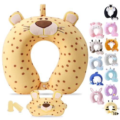 Cirorld Travel Pillow for Kids Adult Cute Neck Pillow for Traveling Memory Foam Airplane Pillow Sleep Mask Animal Flight Pillow Head Rest Neck Support for Cars Long Flights (Yellow Leopard, 9-12 Y/O) - color: Yellow Leopard, size: 9-12 Y/O
