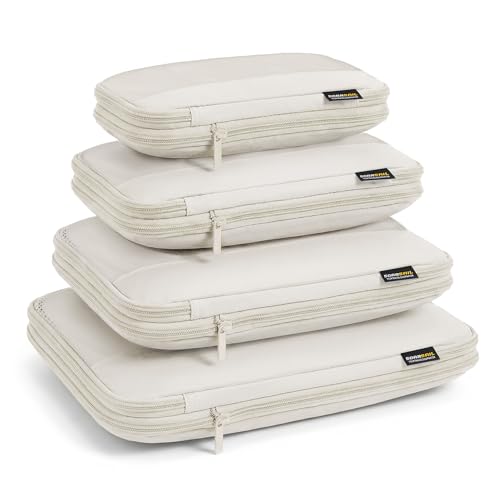 4 Piece Compression Packing Cubes for 3–7 Day Travel, Off White | Wrinkle-Resistant Memory Fabric, Breathable Mesh Panel, Double-Zipper, Small to Large Size Bag, Smart Organization - color: Off White