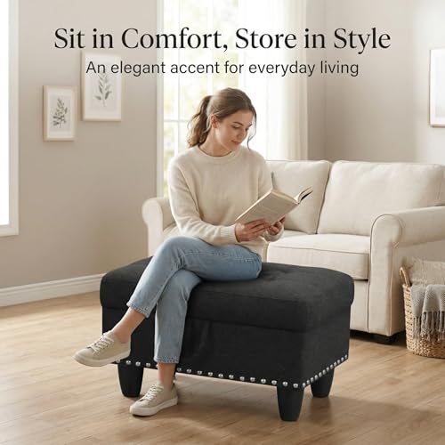 28.5 Inch Storage Ottoman Bench, Upholstered Ottoman with Hidden Storagefor Bedroom Living Room, End of Bed Foot Rest Stool, Charcoal Gray - color: Charcoal Gray