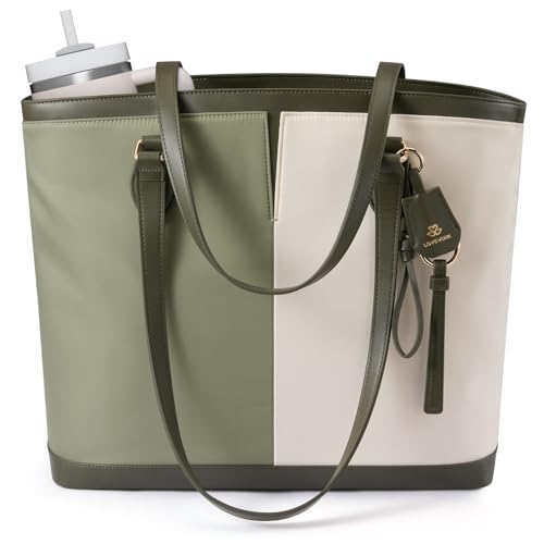 LOVEVOOK Laptop Tote Bag for Women, Lightweight Work Tote with Cup Holder, Waterproof Large Computer Bag for Office Travel - color: Bean Green Off-white, size: 17.3Inch