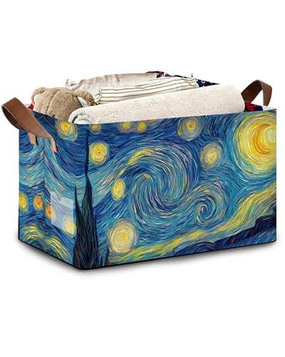 Starry Night Moon Storage Basket with Handles,Collapsible Rectangle Organizer Bin for Room Decoration Books Box Baskets 17x11.5x10Inch - color: Starry Night Moon