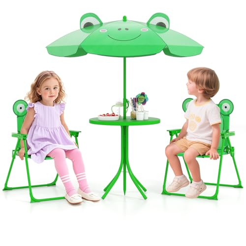 HONEY JOY Kids Picnic Table, Animal Themed Toddler Outdoor Table and Chair Set, 2 Folding Chairs & Removable Umbrella, Children Outdoor Furniture for Backyard Patio Garden (Green Frog) - color: Green Frog