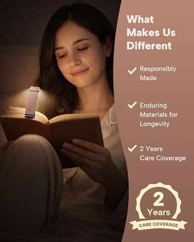 86lux Book Light, Rechargeable Clip-On LED Reading Light for Bed & Night Use - 3 Color Temperatures with Stepless Dimming, Ultralight Bookmark Design for Kids, Book Lovers, Pink Brown - color: Rose Gold