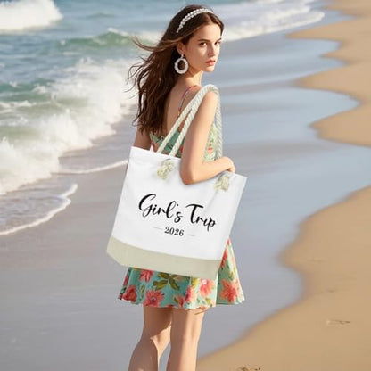 Fokongna Tote Bag For Women, Beach Bag Best Friend Travel Birthday Gifts, Travel Parties Vacation Shopping Essentials - color: Girls Trip White