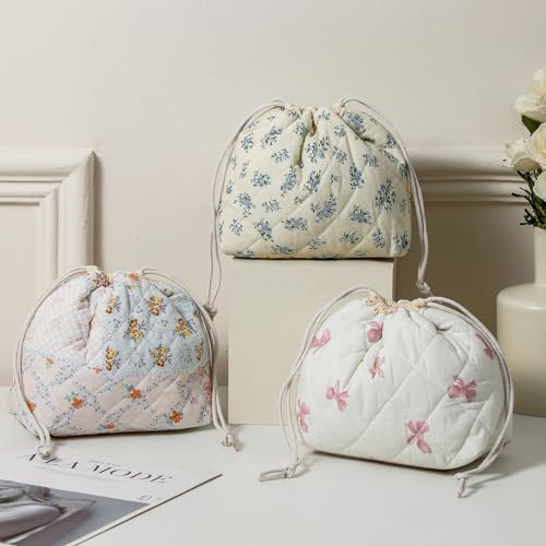uekeboag Cotton Quilted Drawstring Makeup Bag with Canvas Lining,Coquette Aesthetic Cute Travel Toiletry Bag,Drawstring Gift Bag for Women and Girls（09Little Pink Bow） - color: 09Little Pink Bow