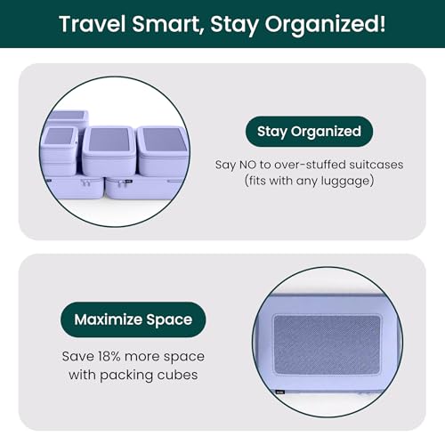 NOBL Travel Compressible Packing Cubes Set, 6 Pieces Travel Packing Organizers, Compression Luggage Cubes for Suitcases & Carry On, Space Saving (XXS, XS, S, M, L, XL) - Lavender - color: Lavender