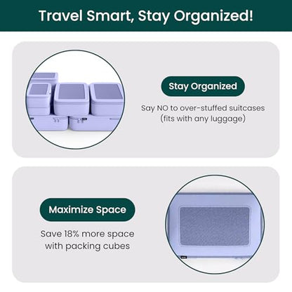NOBL Travel Compressible Packing Cubes Set, 6 Pieces Travel Packing Organizers, Compression Luggage Cubes for Suitcases & Carry On, Space Saving (XXS, XS, S, M, L, XL) - Lavender - color: Lavender