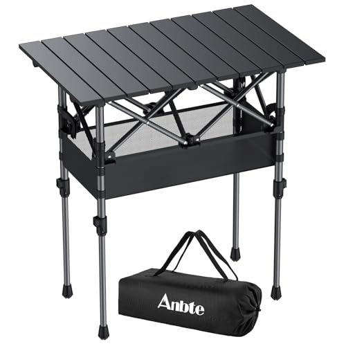 Anbte 2ft Small Roll Up Camping Table, 2 Adjustable Height Aluminum Portable Camping Table with Storage Net & Bag, Lightweight Waterproof Folding Table for Indoor Outdoor BBQ Picnic, 25” X 16”, Black - color: Black, size: 25.2"L x 15.7"W x 27.5"H (2 heigh
