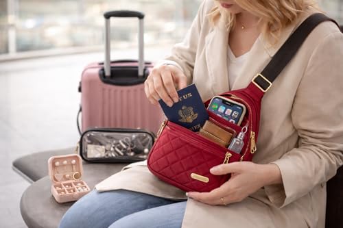 Travel Essentials Gift Set for Women – 7 Pc Travel Kit with Sling Bag, TSA Pouch, Jewelry Case & Sleep Mask - color: Burgundy